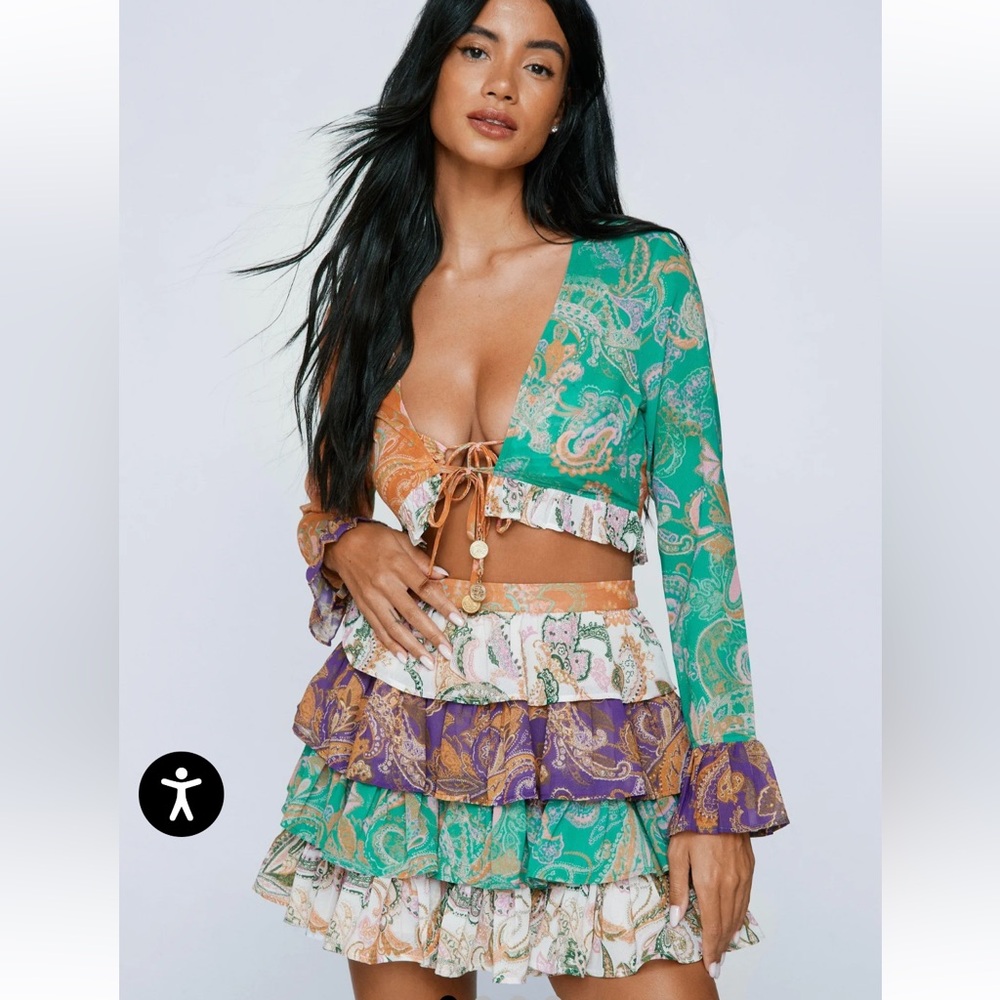 Nasty Gal Green Purple Paisley Ruffle Mini Skirt Set